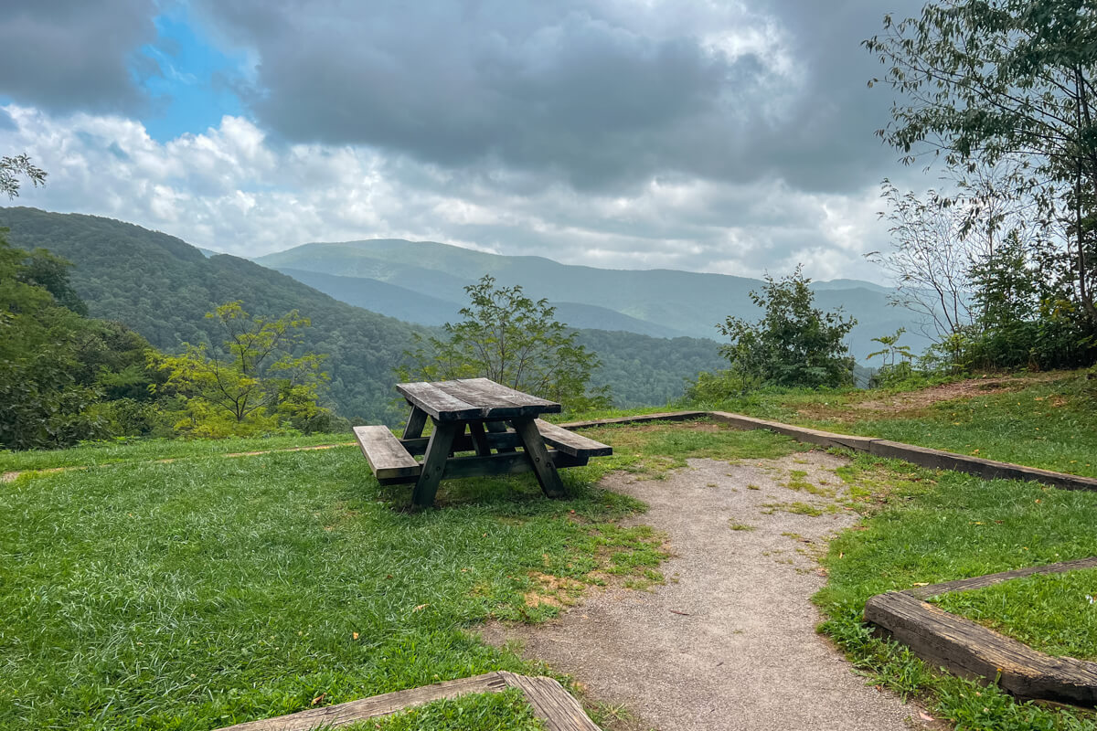 picnic table at an overlook on the cherohala skyway